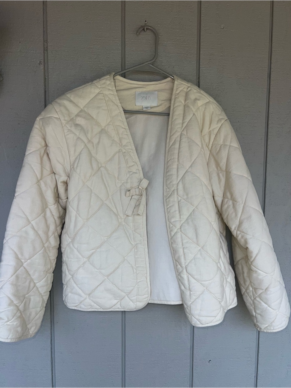 Zara Cream Quilted Tie-Front Puffer Jacket